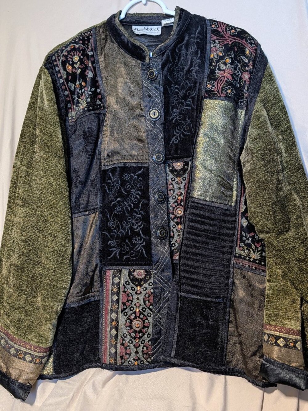 Vintage 90s Women's Velvet Jacket (Size XL) Whimsigoth Patchwork Wearable Art